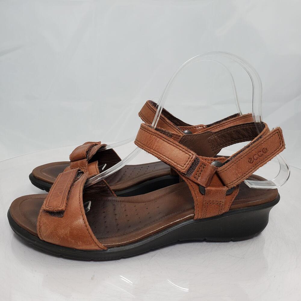 ECCO Felicia Leather Strappy Sandals Women 8/39 Brown Comfort Wedge Shoes